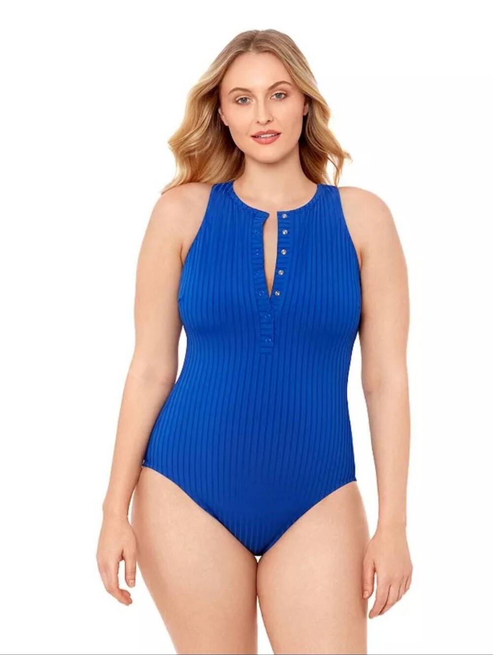High-Neck Ribbed One-Piece Swimsuit Cobalt Blue NWOT